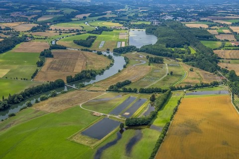 Aerial view, a week ago there was still land under water at this point - the Ruhr was flooding,