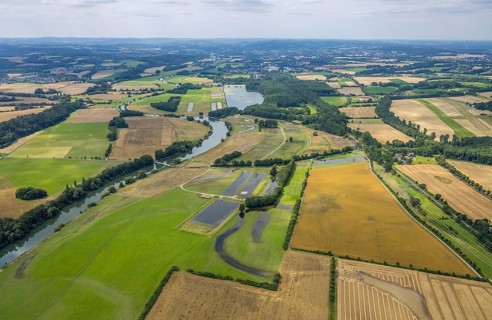 Aerial view, a week ago there was still land under water at this point - the Ruhr was flooding,