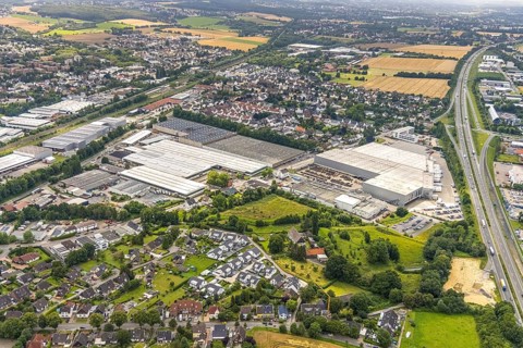 Aerial view, commercial area Natorper Straße, federal highway B1, Natorp, Holzwickede, Ruhr area,