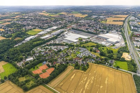 Aerial view, commercial area Natorper Straße, federal highway B1, Natorp, Holzwickede, Ruhr area,