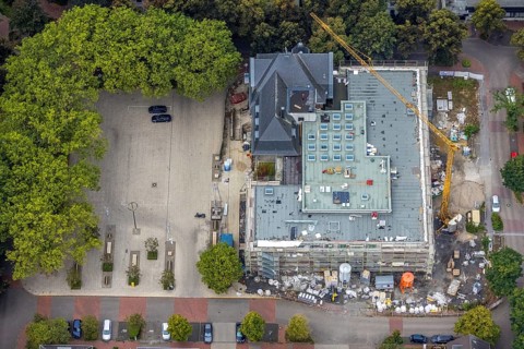 Aerial view, town hall Holzwickede with construction site and extension of the city administration