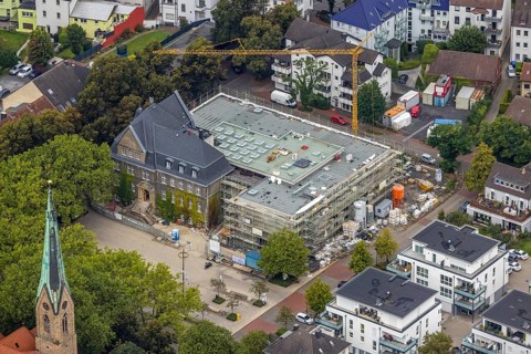 Aerial view, town hall Holzwickede with construction site and extension of the city administration