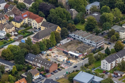 Aerial view, construction site at the Rewe Böning supermarket on Hauptstraße in the Freiberg