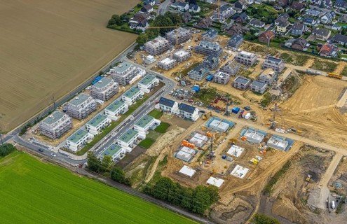 Aerial view, construction site and new building, Emscherquelle residential park on the site of the