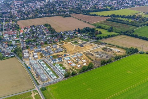 Aerial view, construction site and new building, Emscherquelle residential park on the site of the