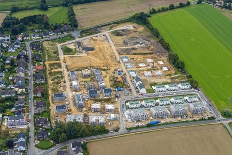Aerial view, construction site and new building, Emscherquelle residential park on the site of the