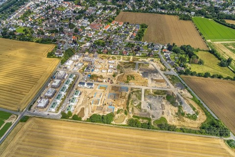 Aerial view, construction site and new building, Emscherquelle residential park, former Emscher