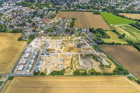 Aerial view, construction site and new building, Emscherquelle residential park, former Emscher