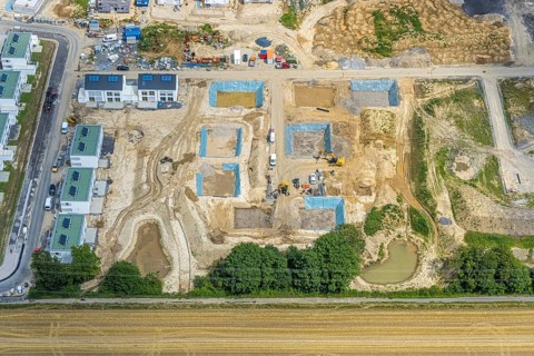 Aerial view, construction site and new building, Emscherquelle residential park, former Emscher