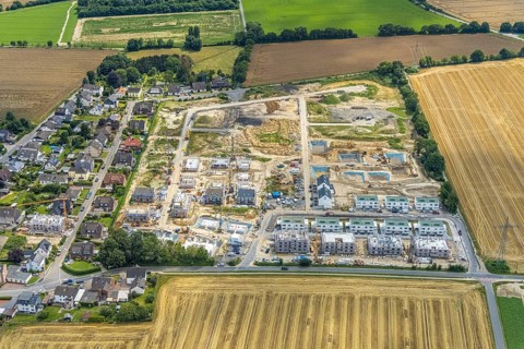 Aerial view, construction site and new building, Emscherquelle residential park, former Emscher