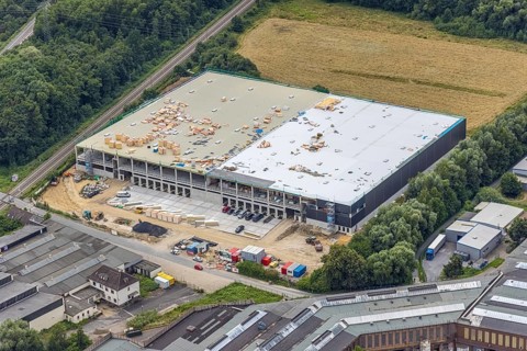 Aerial view, construction site and new building logistics centre Schäferkampstraße in Hohenleuchte,