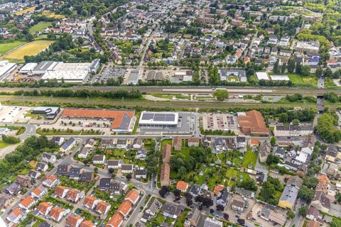 Aerial view, Holzwickede railway station, local supply centre, new Aldi supermarket, Freiberg,