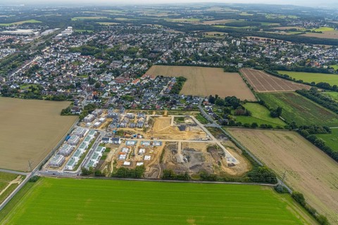 Aerial view, construction site and new building, Emscherquelle residential park on the site of the
