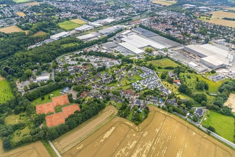 Aerial view, commercial area Natorper Straße, federal highway B1, Natorp, Holzwickede, Ruhr area,