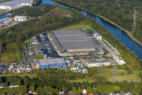 Aerial view, Duvenbeck Kraftverkehr logistics company in the district of Unser Fritz in Herne, Ruhr