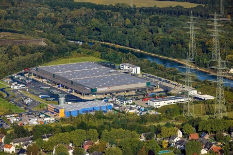 Aerial view, Duvenbeck Kraftverkehr logistics company in the district of Unser Fritz in Herne, Ruhr