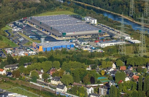 Aerial view, Duvenbeck Kraftverkehr logistics company in the district of Unser Fritz in Herne, Ruhr