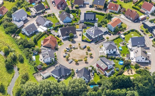 Aerial view, Circular housing estate Bertolt-Brecht-Straße in the district Heeren-Werve, Kamen,