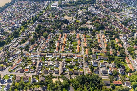 Aerial view, miners' settlement between Pröbstingstraße and Bergstraße with red roofs in the