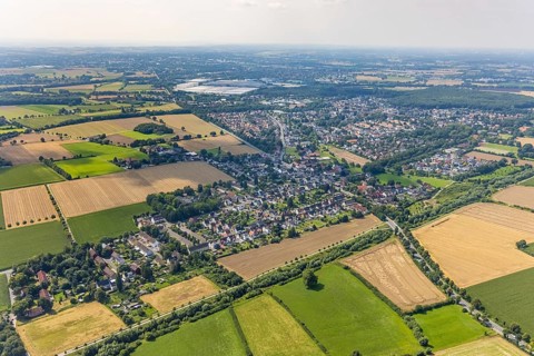 Aerial view, local view with miners' housing estate in Heeren-Werve district, Kamen, Ruhr area,