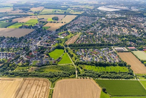 Aerial view, local view with miners' housing estate in Heeren-Werve district, Kamen, Ruhr area,