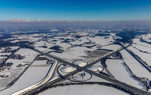 Aerial view, Kamener Kreuz in winter, A1 and A2, helicopter sculpture Yellow Angel, Kamen, Ruhr