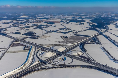 Aerial view, Kamener Kreuz in winter, A1 and A2, helicopter sculpture Yellow Angel, Kamen, Ruhr