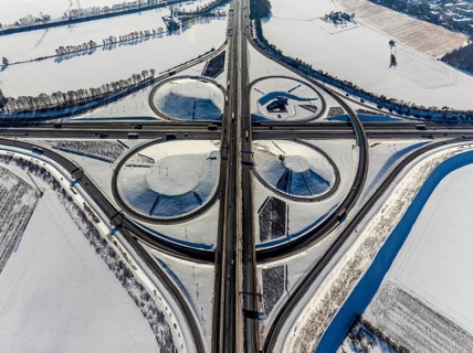 Aerial view, Kamen junction in winter, A1 and A2, helicopter sculpture Yellow Angel, Kamen, Ruhr