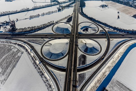 Aerial view, Kamen junction in winter, A1 and A2, helicopter sculpture Yellow Angel, Kamen, Ruhr
