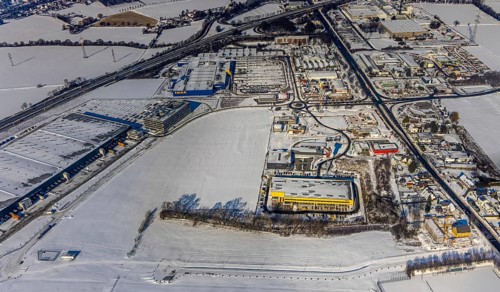 Aerial view, Kamen-Karree, commercial area Unna / Kamen, IKEA furniture store Kamen, Deutsche Post