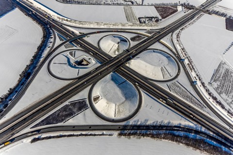 Aerial view, Kamen junction in winter, A1 and A2, helicopter sculpture Yellow Angel, Kamen, Ruhr