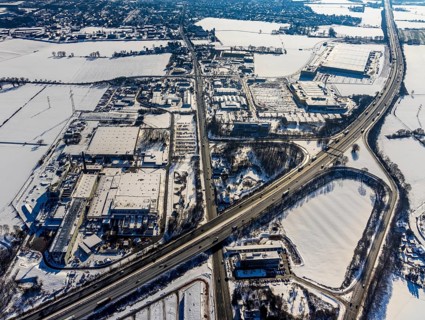 Aerial view, motorway junction Kamen-Zentrum, Kamen-Karree, commercial area Unna / Kamen, 3M