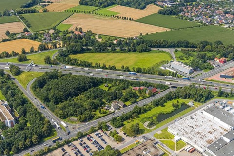 Aerial view, motorway exit Kamen-Zentrum of the A1 motorway, Südkamen, Kamen, Ruhr area, North