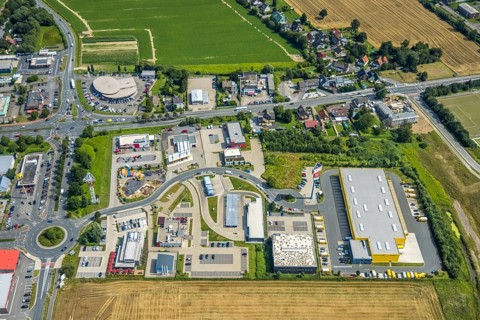 Aerial view, commercial area Unna / Kamen with Deutsche Post DHL and TCB Automobile, Südkamen,
