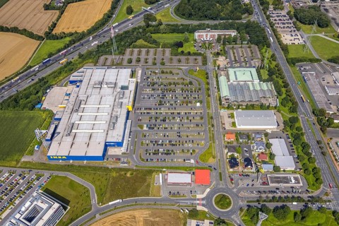 Aerial view, commercial area Unna / Kamen with Ikea, Südkamen, Kamen, Ruhr area, North