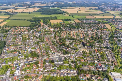 Aerial view, town view and roundabout in the village centre of Heeren-Werve, Kamen, Ruhr area,