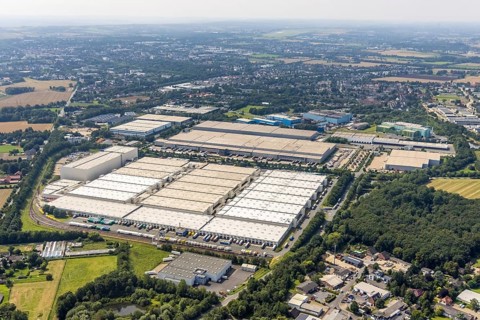 Aerial view, commercial area Unna-Nord with Fiege Unna GmbH and DHL Logistics, Alte Heide in Unna,