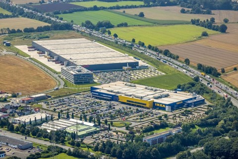 Aerial view, commercial area Unna / Kamen with Ikea and Woolworth, Südkamen, Kamen, Ruhr area,