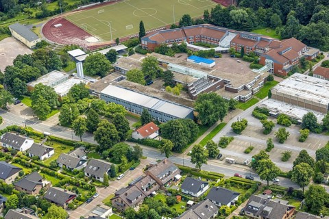 Aerial view, sports field school centre, Clara-Schumann-Gymnasium with solar roof, Josef Reding