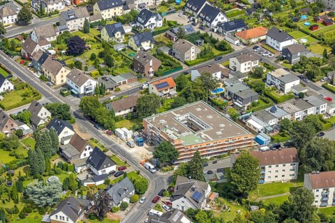 Aerial view, construction site and new construction nursing home Katharina-von-Bora-Haus of the