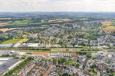 Aerial view, Holzwickede railway station, local supply centre, new Aldi supermarket, Freiberg,