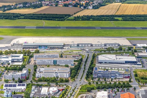 Aerial photograph, Dortmund Airport with new Porsche Centre, Natorp, Holzwickede, Ruhr area, North
