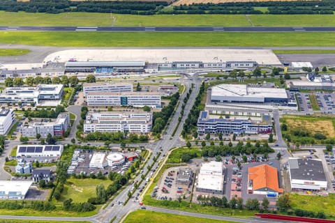 Aerial photograph, Dortmund Airport with new Porsche Centre, Natorp, Holzwickede, Ruhr area, North