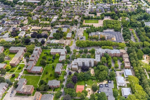 Aerial view, residential neighbourhood Hamburger Allee, Berliner Allee, Holzwickede, Ruhr area,