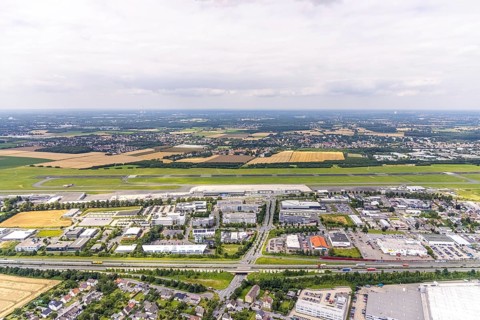 Aerial photograph, Dortmund Airport with new Porsche Centre, Natorp, Holzwickede, Ruhr area, North
