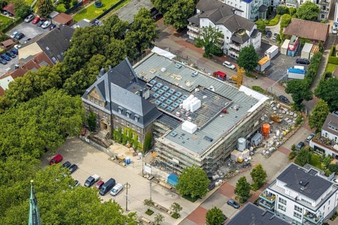 Aerial view, town hall Holzwickede, construction site and extension of the city administration,