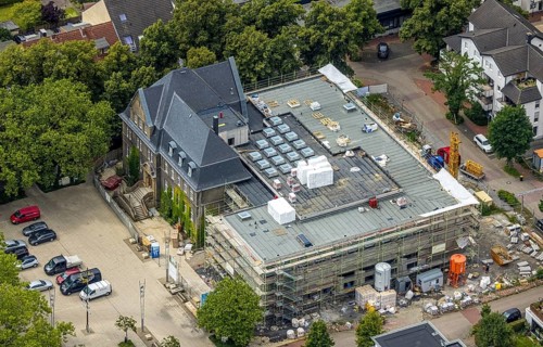 Aerial view, town hall Holzwickede, construction site and extension of the city administration,