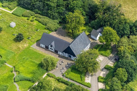 Aerial view, Emscherquellhof with source of the Emscher, Hohenleuchte, Holzwickede, Ruhr area,