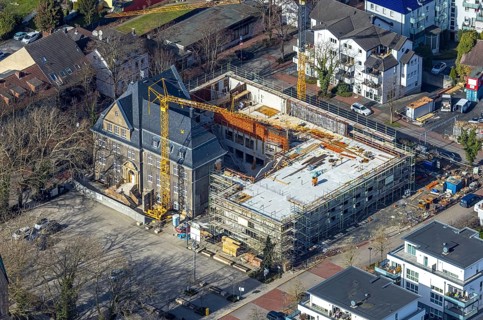 Aerial view, holzwickede construction site municipal administration, near protestant church Am