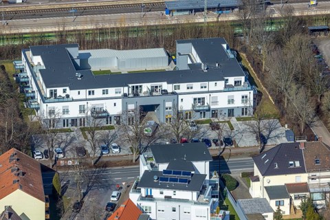 Aerial view, new residential and commercial building Bahnhofstraße, Sauer Büroservice u.